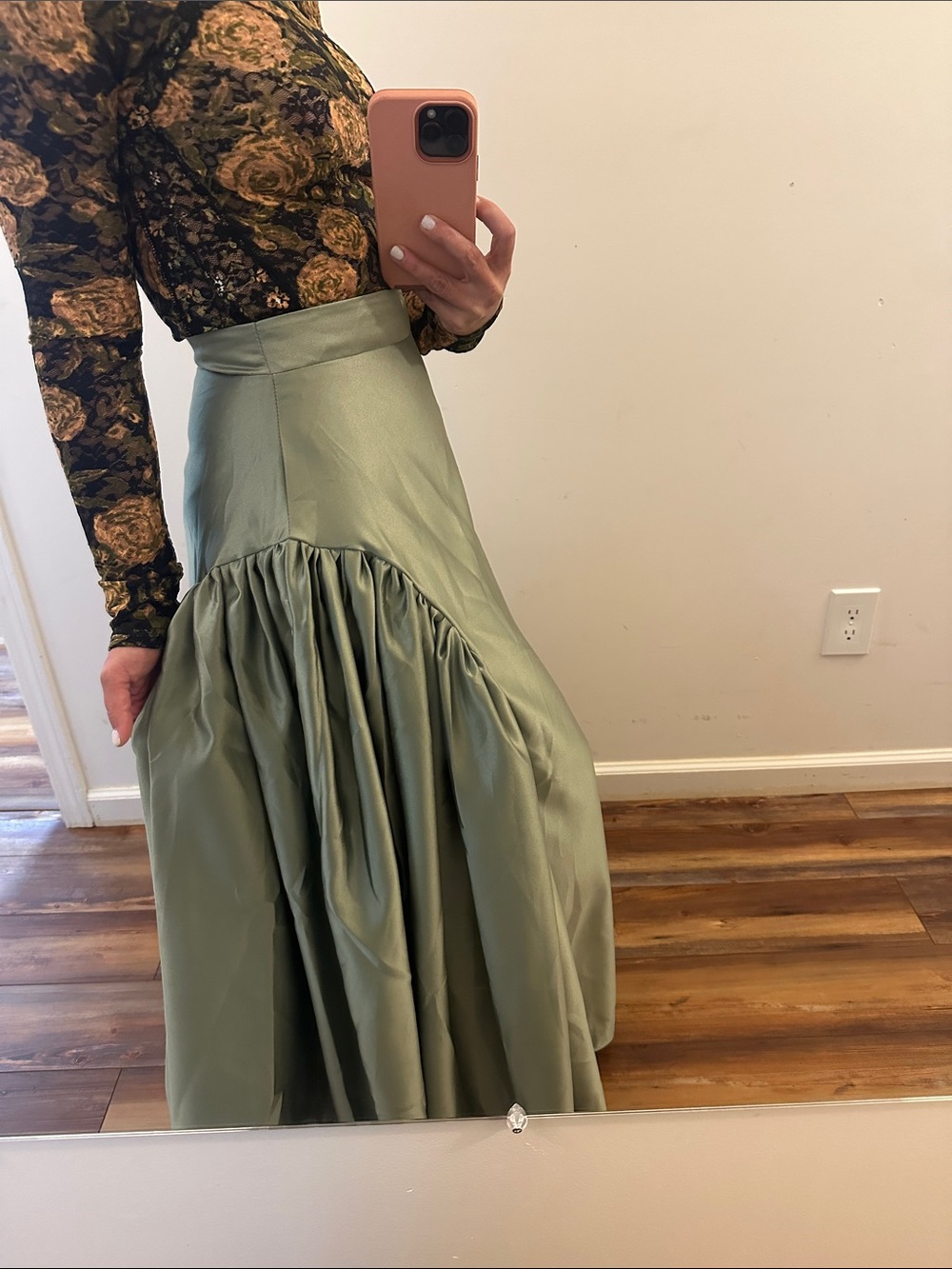 NWT Silk HightRise Olive Textured -Maxi Skirt /Gathered panel Sz Small - Picture 6 of 16